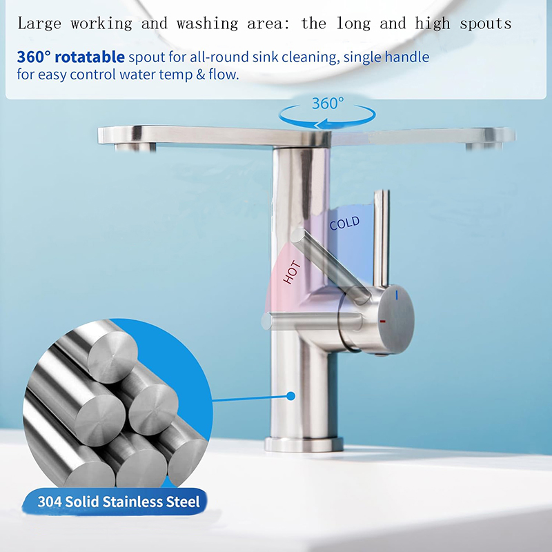 single hole brushed stainless steel hot cold bathroom sink faucet