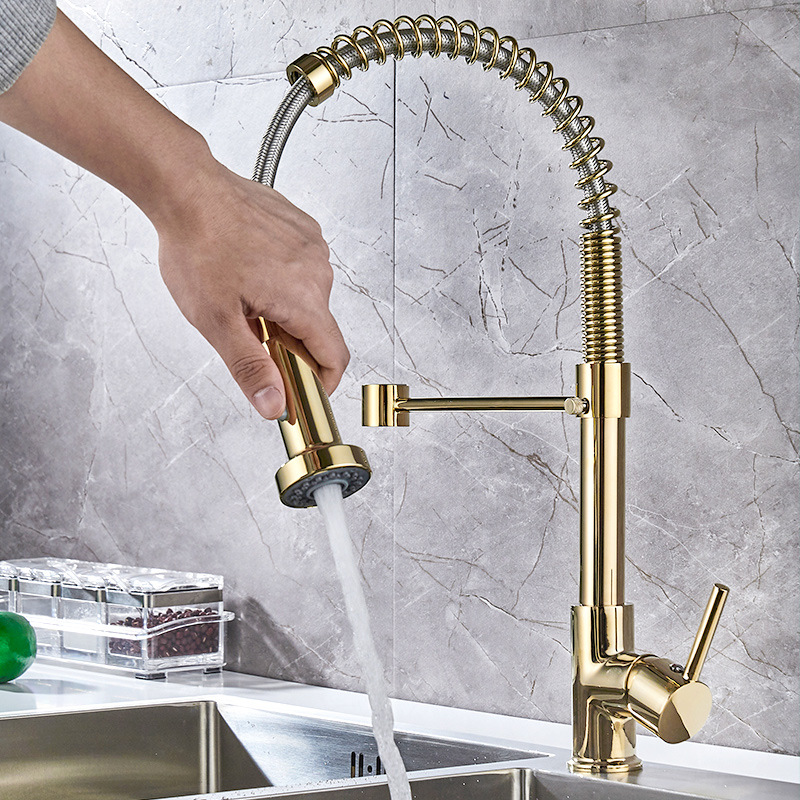 Burshed Gold Kitchen Mixer Tap With Pull Out Spray(grifos)